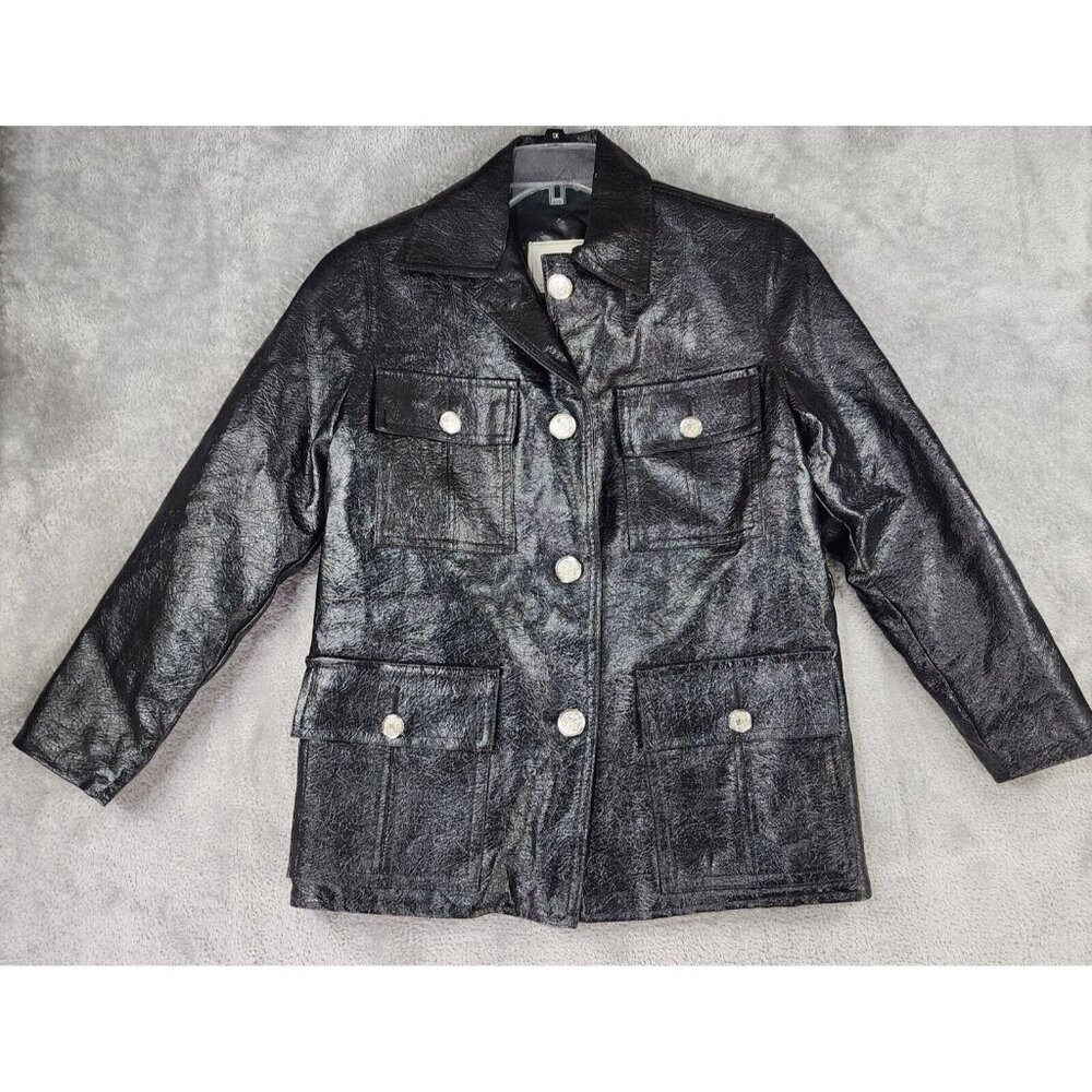Miss Holly Jacket Womens Size 14 Black Faux Leather Button Retro Vintage Coat
